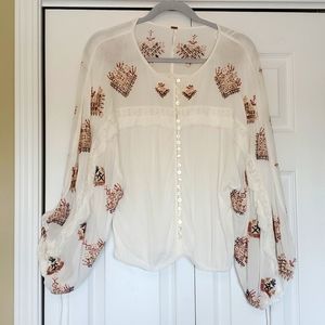 Free People embroidered balloon sleeve Peasant top